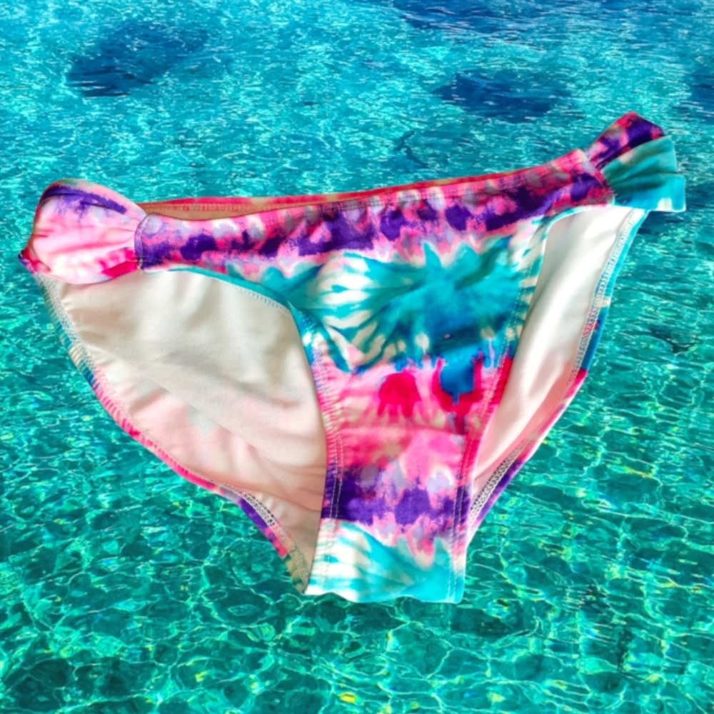 OP Tropical Blue and Pink Tye Dye Ruched Low Rise Bikini Bottoms Swimwear